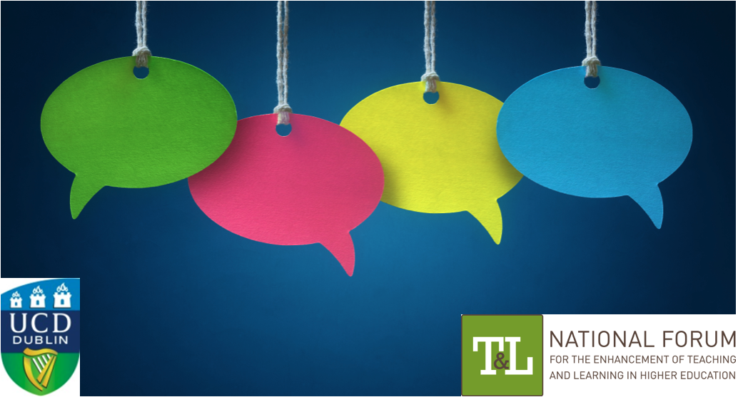 Speach bubbles with National Forum and UCD logo